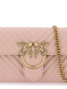Pinko Quilted Blush Leather Crossbody with Gold Double-Bird Hardware